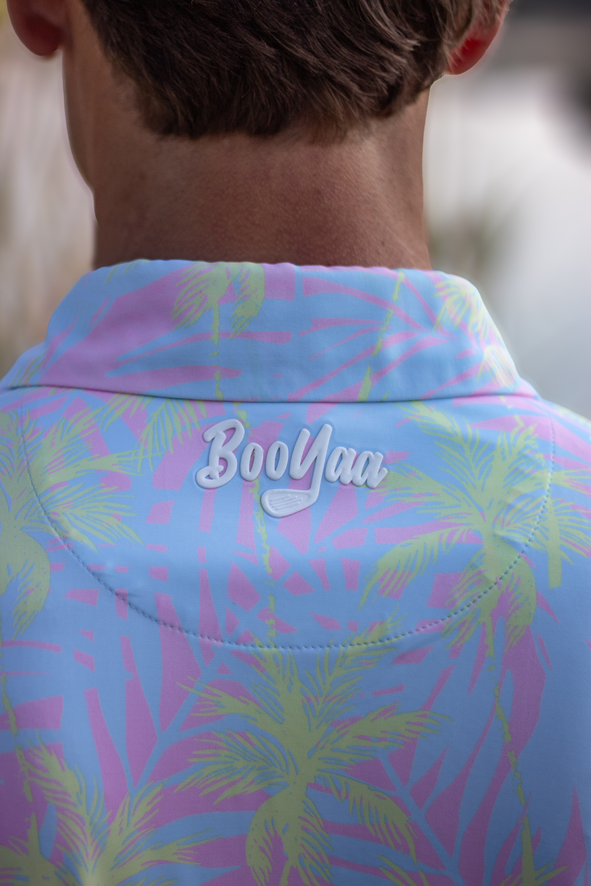 BooYaa Premium Men's Golf Polo, Lulu Tropical Palm Print, 4-Way Stretch, Moisture-Wicking