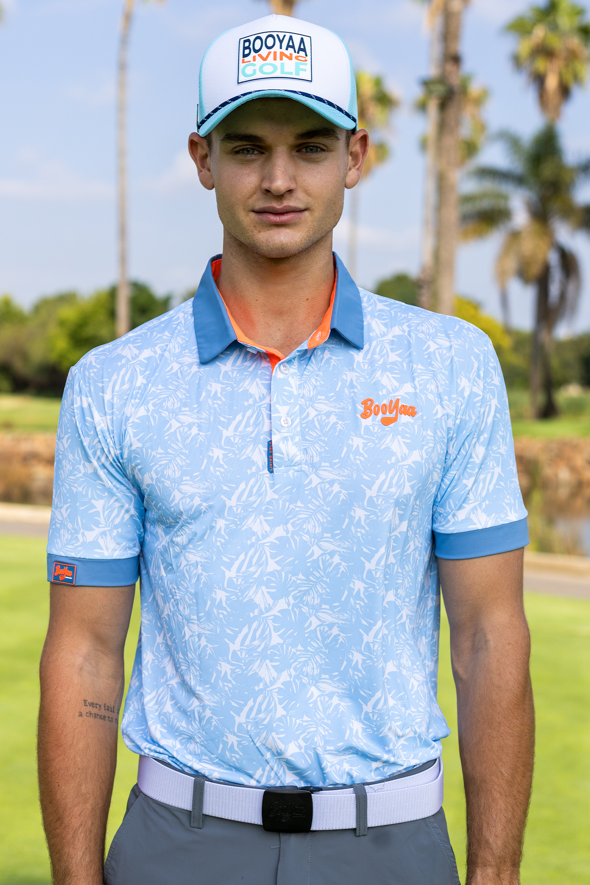 BooYaa Premium Men's Golf Polo, Hawaii Tropical Print, 4-Way Stretch, Moisture-Wicking