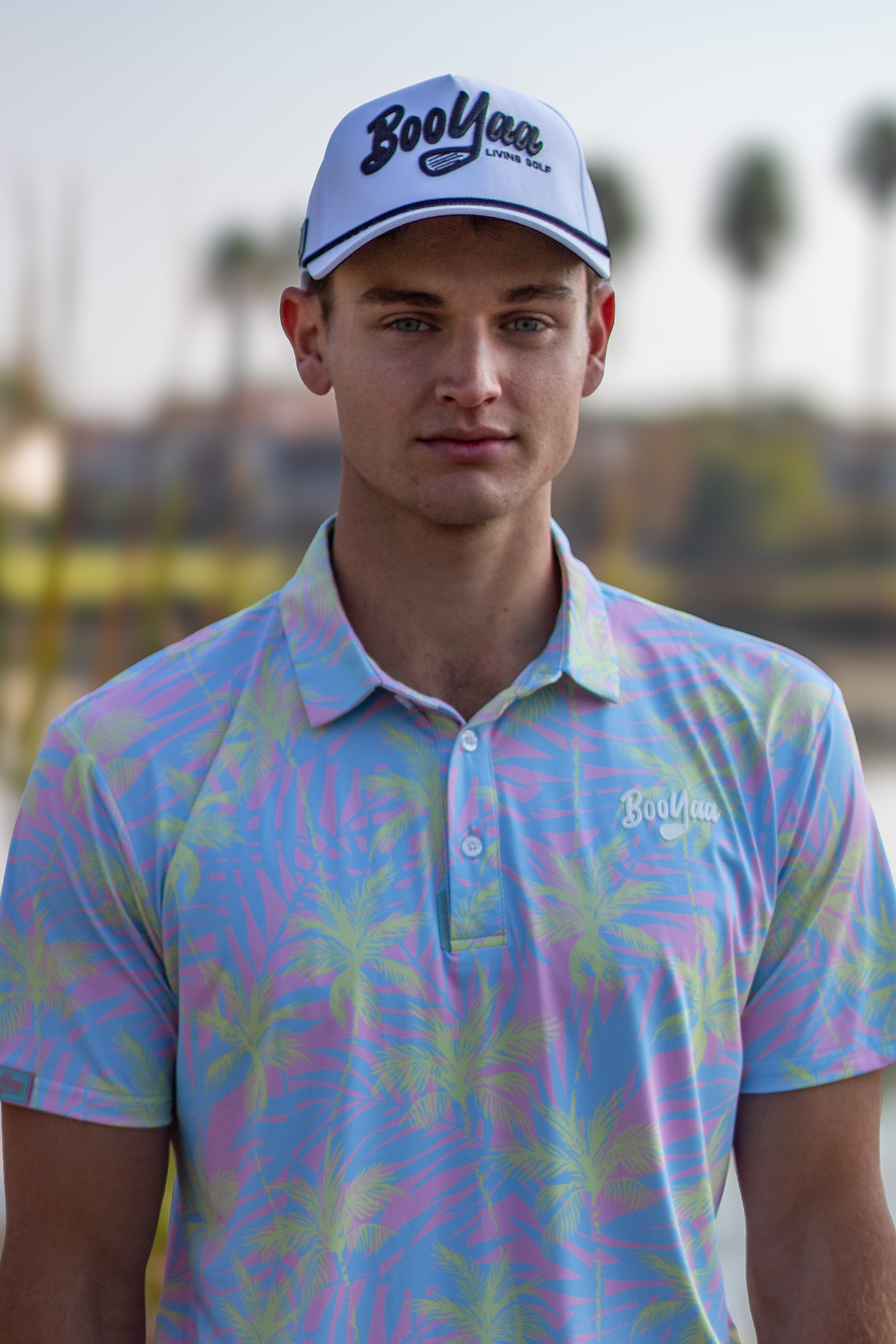 BooYaa Premium Men's Golf Polo, Lulu Tropical Palm Print, 4-Way Stretch, Moisture-Wicking
