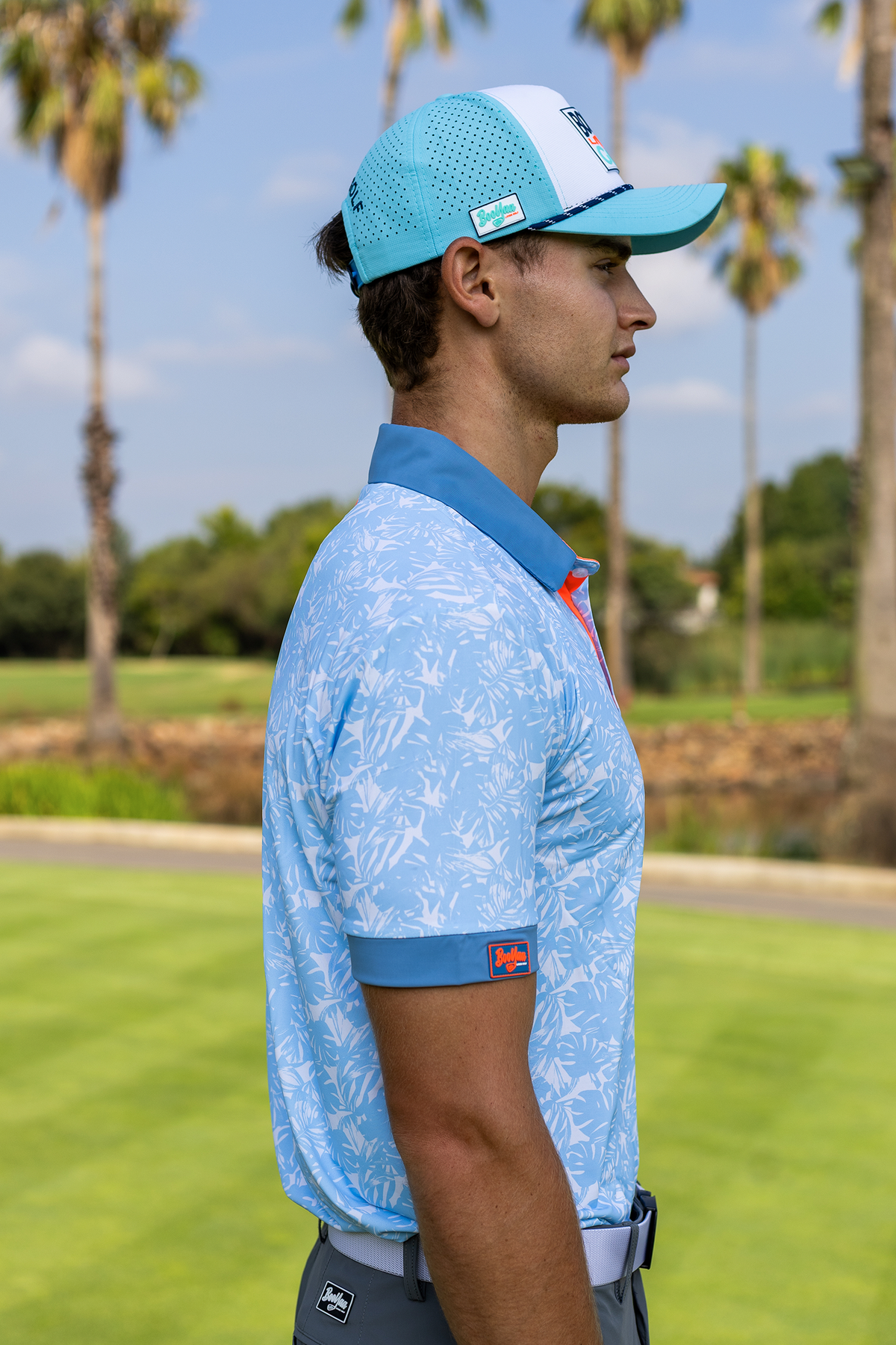 BooYaa Premium Men's Golf Polo, Hawaii Tropical Print, 4-Way Stretch, Moisture-Wicking