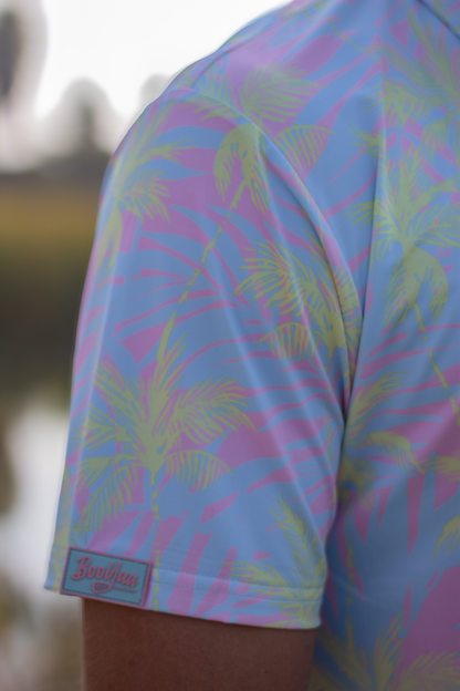 BooYaa Premium Men's Golf Polo, Lulu Tropical Palm Print, 4-Way Stretch, Moisture-Wicking