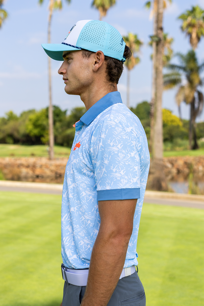 BooYaa Premium Men's Golf Polo, Hawaii Tropical Print, 4-Way Stretch, Moisture-Wicking