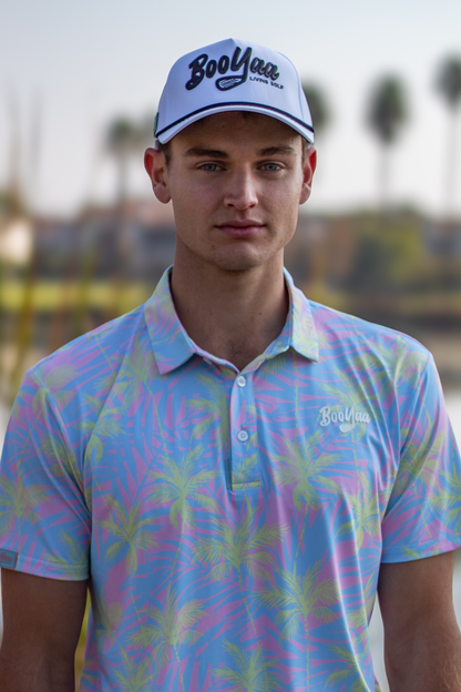 BooYaa Premium Men's Golf Polo, Lulu Tropical Palm Print, 4-Way Stretch, Moisture-Wicking