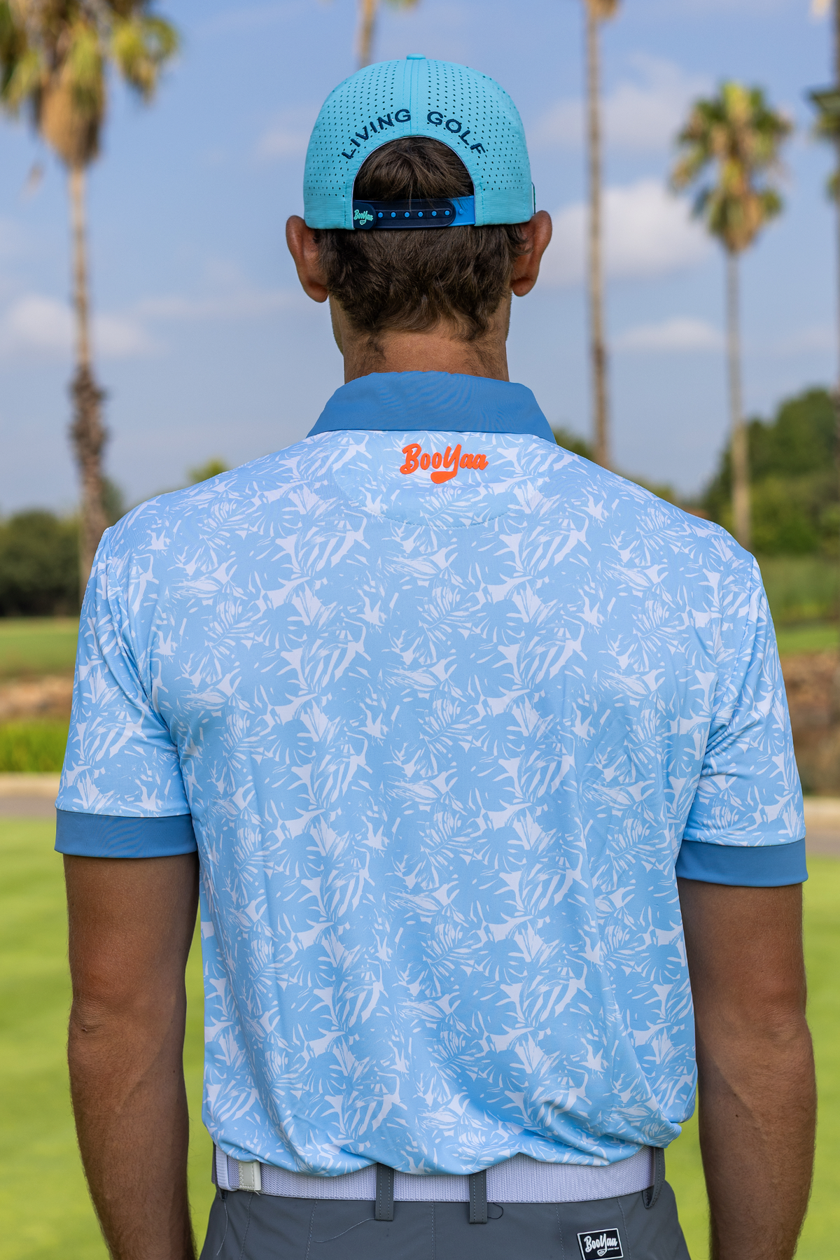 BooYaa Premium Men's Golf Polo, Hawaii Tropical Print, 4-Way Stretch, Moisture-Wicking