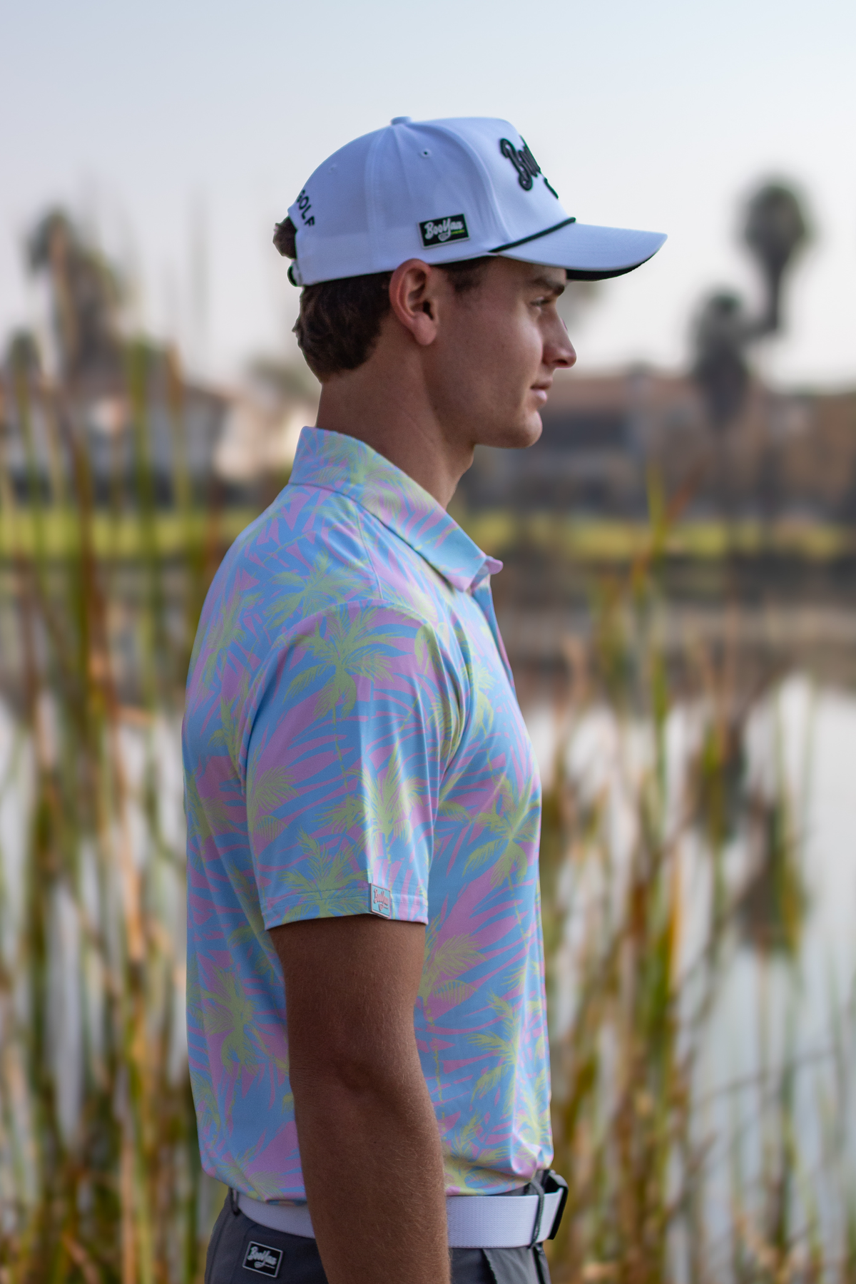 BooYaa Premium Men's Golf Polo, Lulu Tropical Palm Print, 4-Way Stretch, Moisture-Wicking