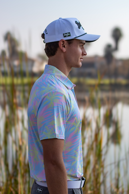 BooYaa Premium Men's Golf Polo, Lulu Tropical Palm Print, 4-Way Stretch, Moisture-Wicking